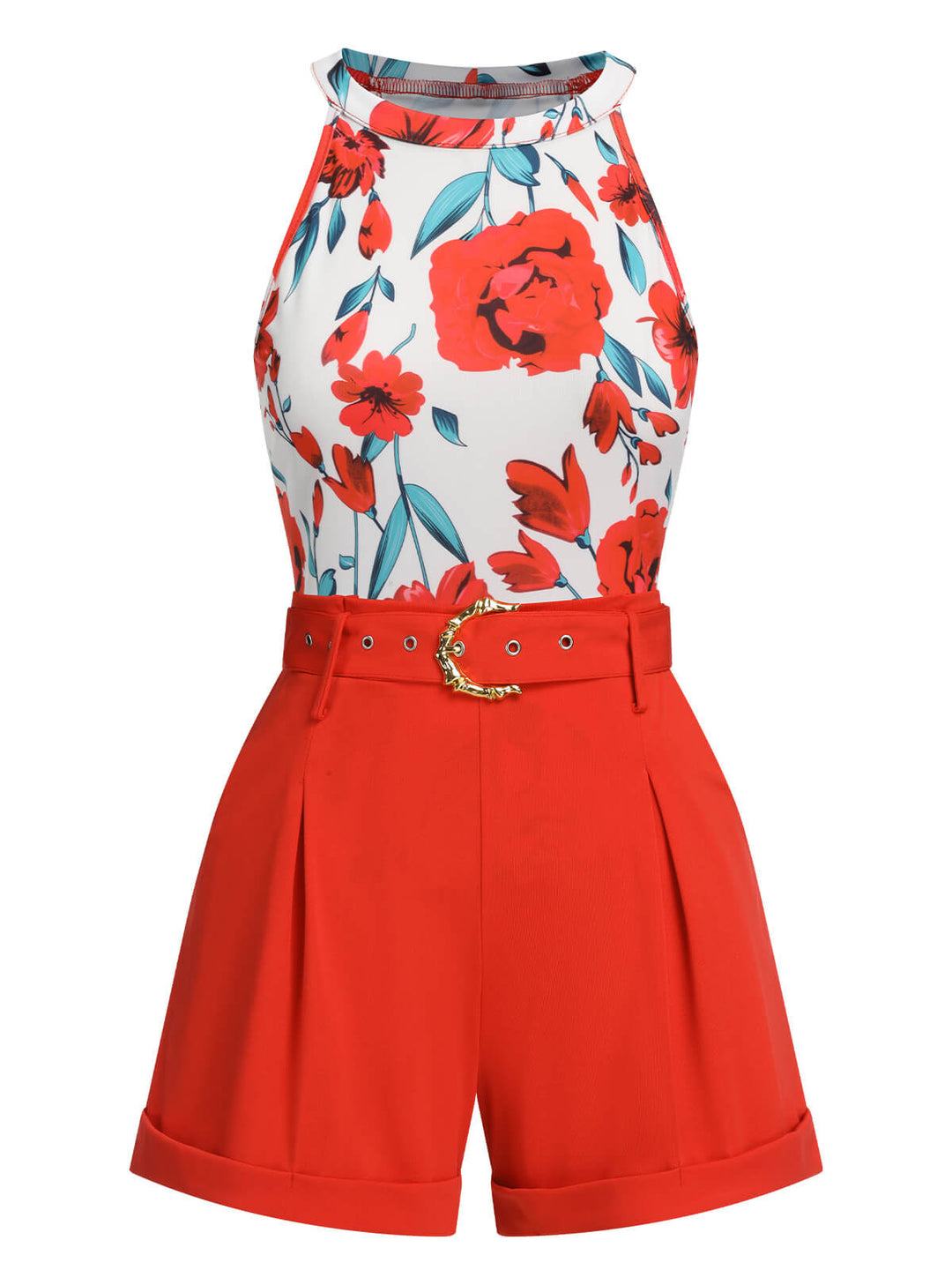 2PCS 1970s Floral Crewl Halter Top &amp; Shorts With Belt, vintage top, retro blouse - perfect for women who love vintage and retro fashion