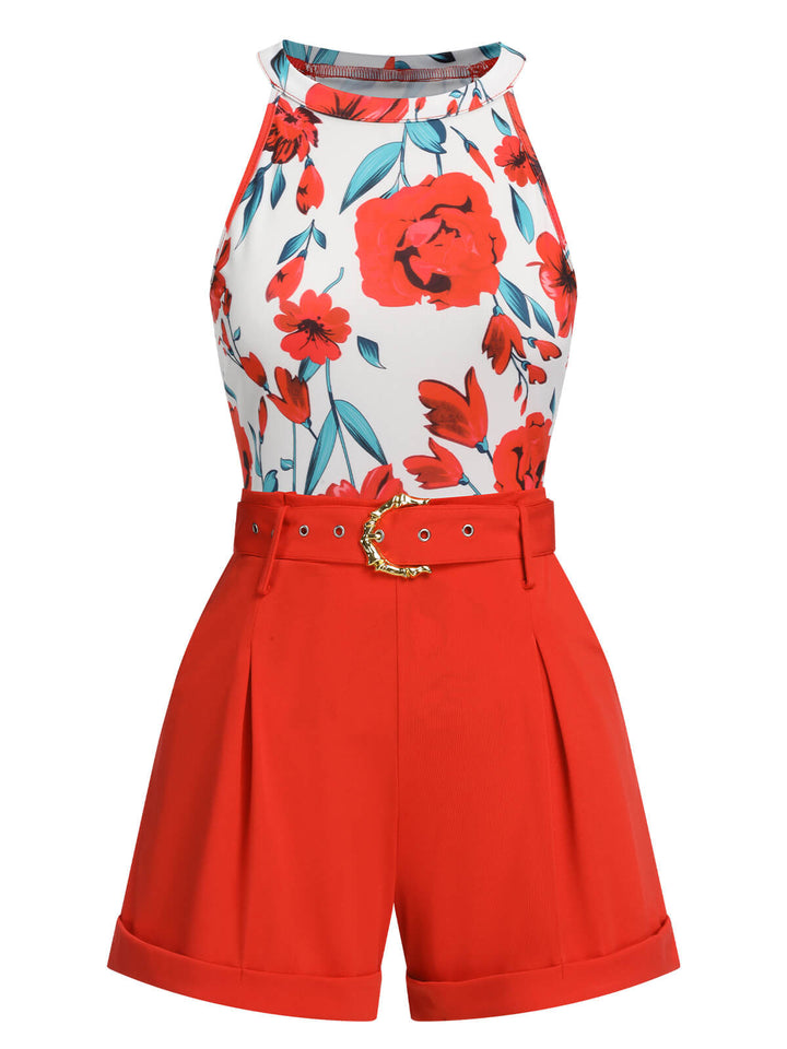 2PCS 1970s Floral Crewl Halter Top &amp; Shorts With Belt, vintage top, retro blouse - perfect for women who love vintage and retro fashion