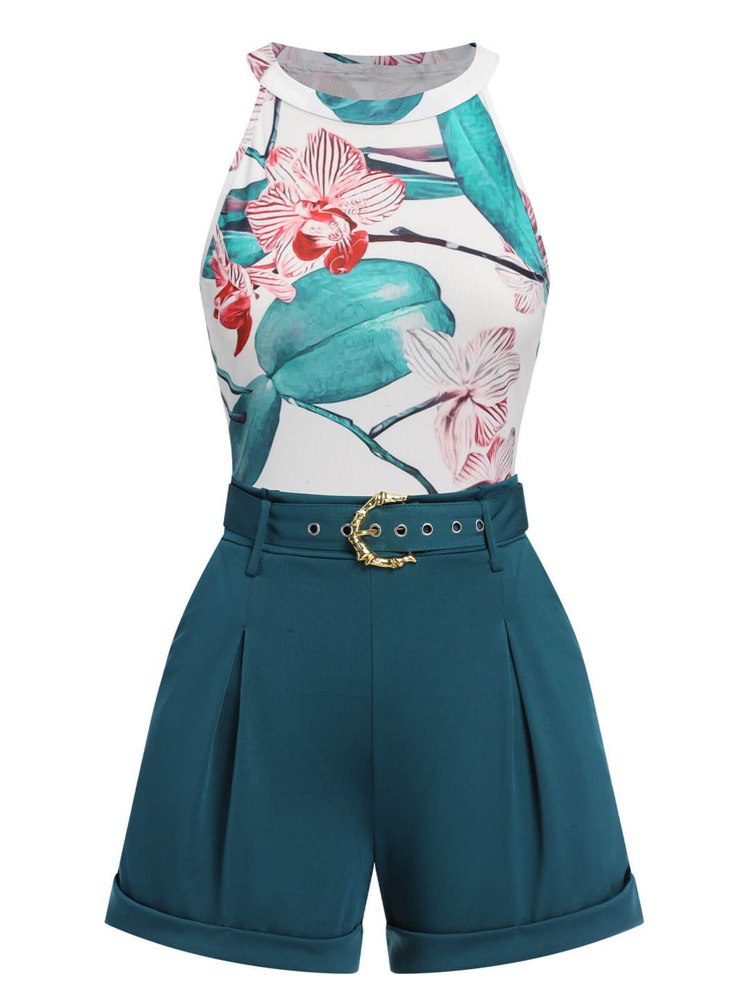 2PCS 1970s Floral Crewl Halter Top &amp; Shorts With Belt, vintage top, retro blouse - perfect for women who love vintage and retro fashion
