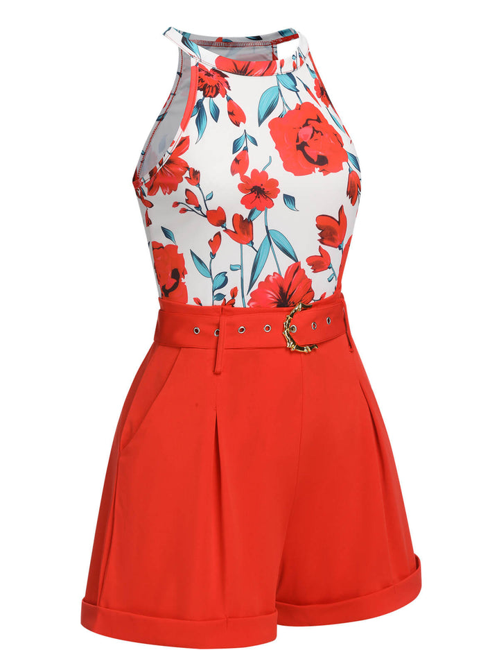 2PCS 1970s Floral Crewl Halter Top &amp; Shorts With Belt, vintage top, retro blouse - perfect for women who love vintage and retro fashion
