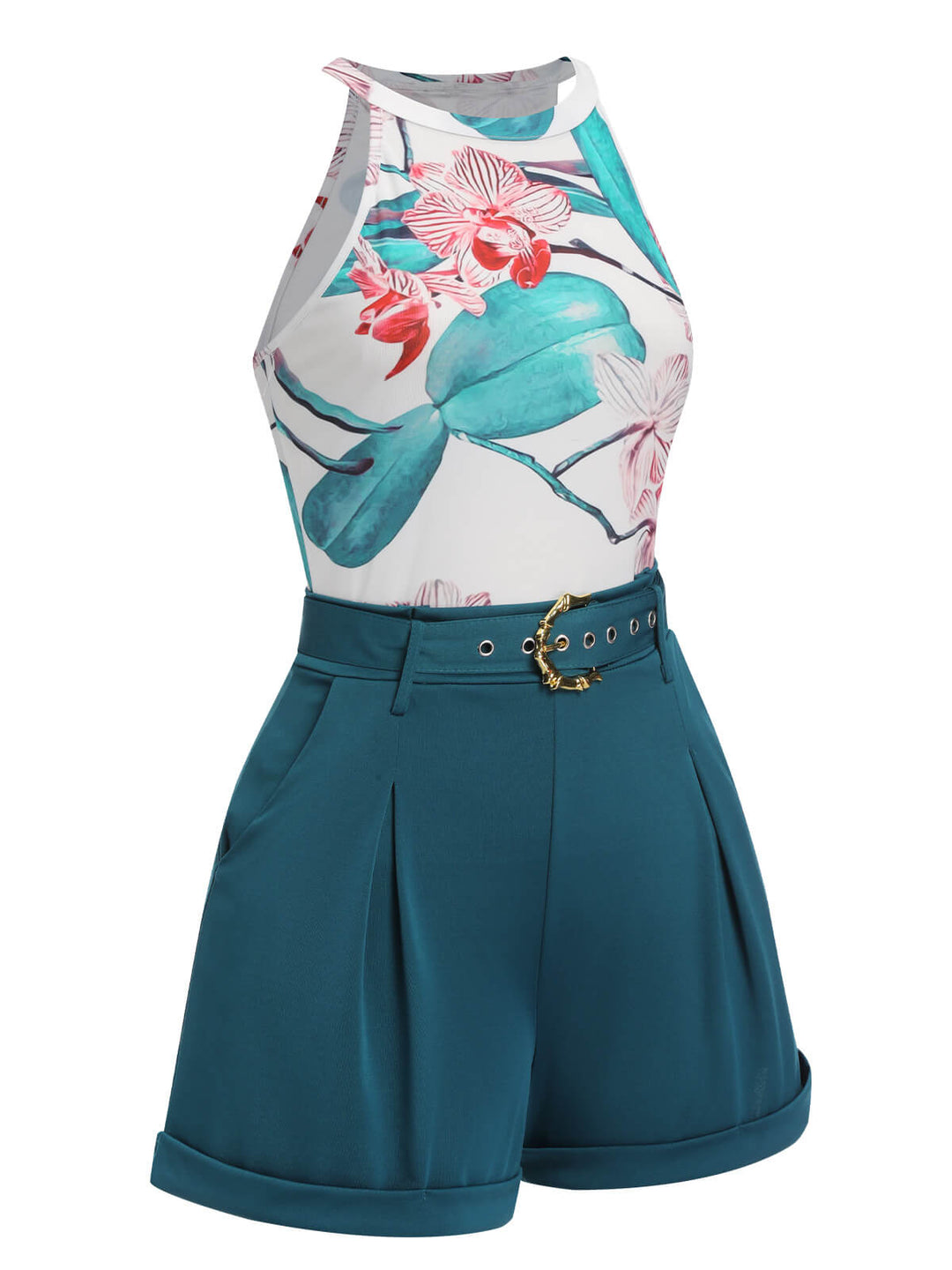 2PCS 1970s Floral Crewl Halter Top &amp; Shorts With Belt, vintage top, retro blouse - perfect for women who love vintage and retro fashion
