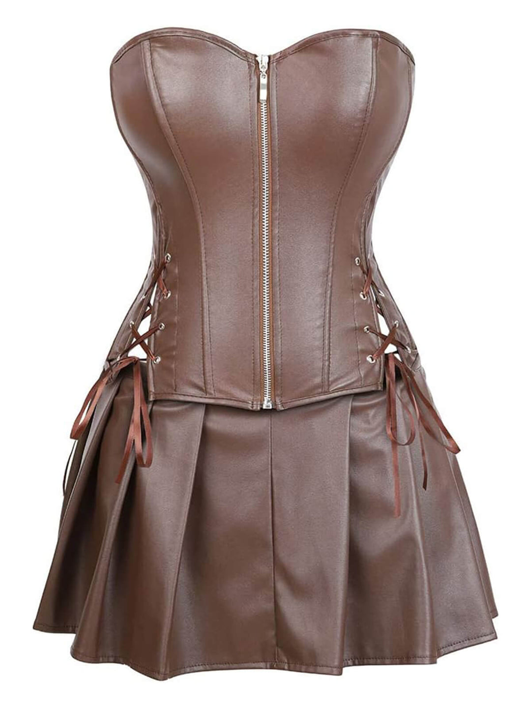 This 2PCS 1970s Gothic Faux Leather Bandeau Corset &amp; Skirt spins 1970s stories with every step