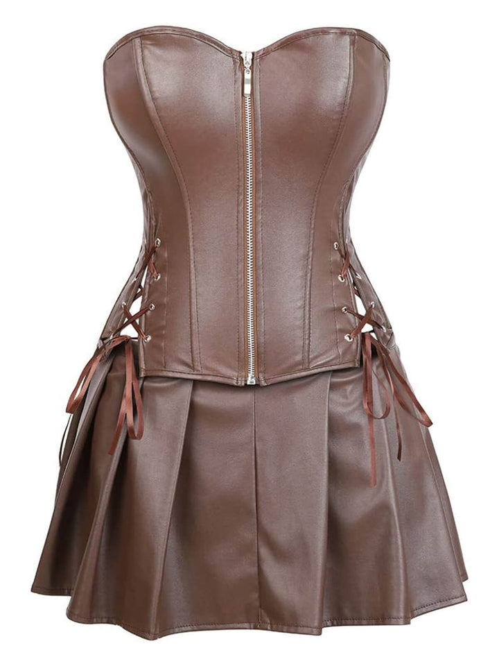 This 2PCS 1970s Gothic Faux Leather Bandeau Corset &amp; Skirt spins 1970s stories with every step