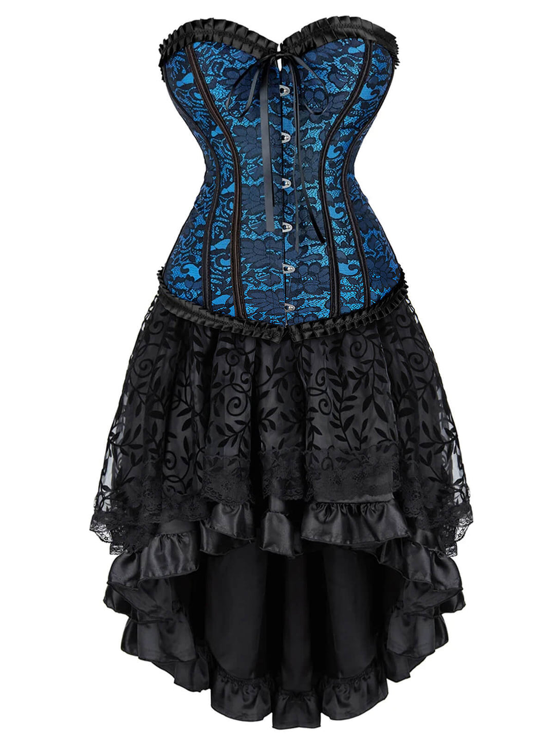 This 2PCS 1970s Steampunk Lace Corset &amp; High Low Skirt spins 1970s stories with every step