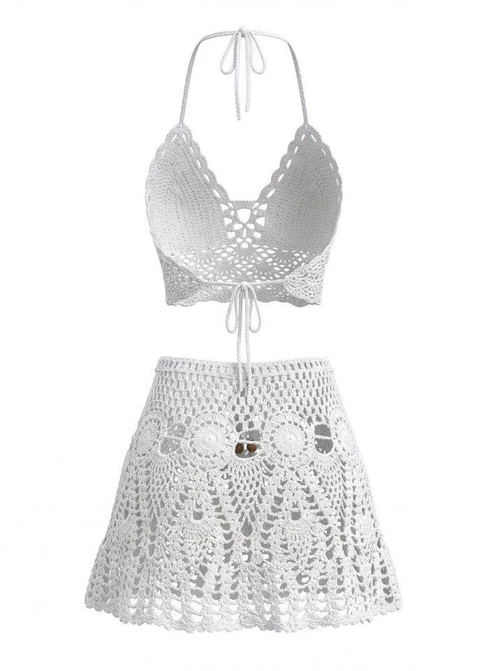 2PCS 1980s Solid Crochet Cover Up Set, bohemian cover up, beach wear - perfect for women who love vintage and retro fashion
