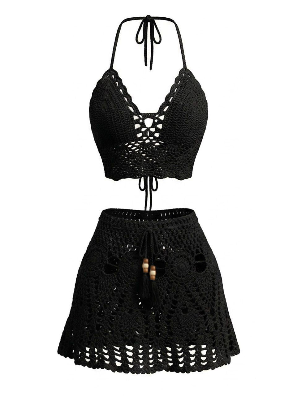 2PCS 1980s Solid Crochet Cover Up Set, bohemian cover up, beach wear - perfect for women who love vintage and retro fashion