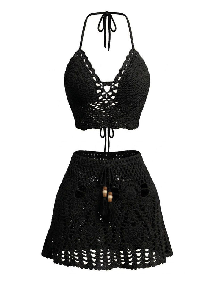2PCS 1980s Solid Crochet Cover Up Set, bohemian cover up, beach wear - perfect for women who love vintage and retro fashion