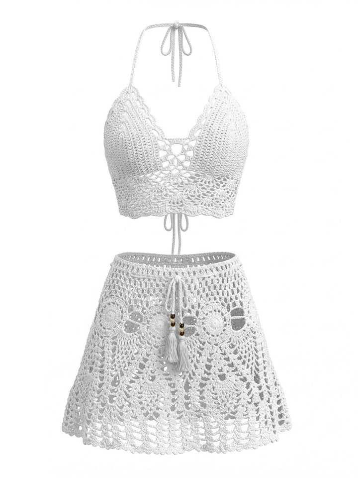 2PCS 1980s Solid Crochet Cover Up Set, bohemian cover up, beach wear - perfect for women who love vintage and retro fashion