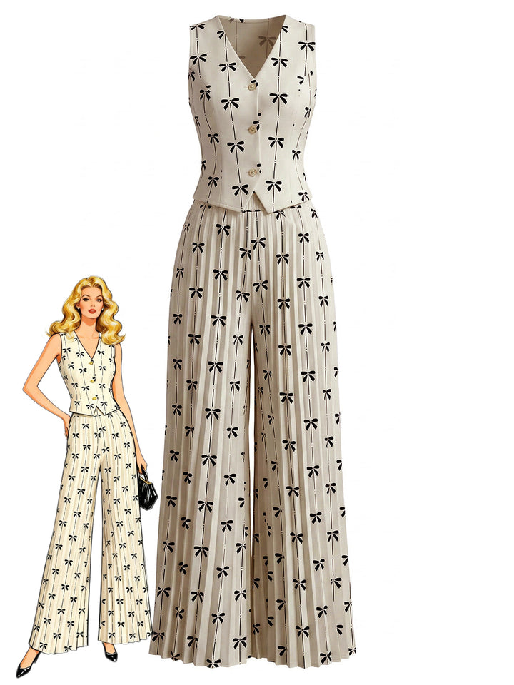 2PCS Beige 1940s Bow Sleeveless Vest &amp; Pleated Pants - vintage fashion, retro style for vintage lovers