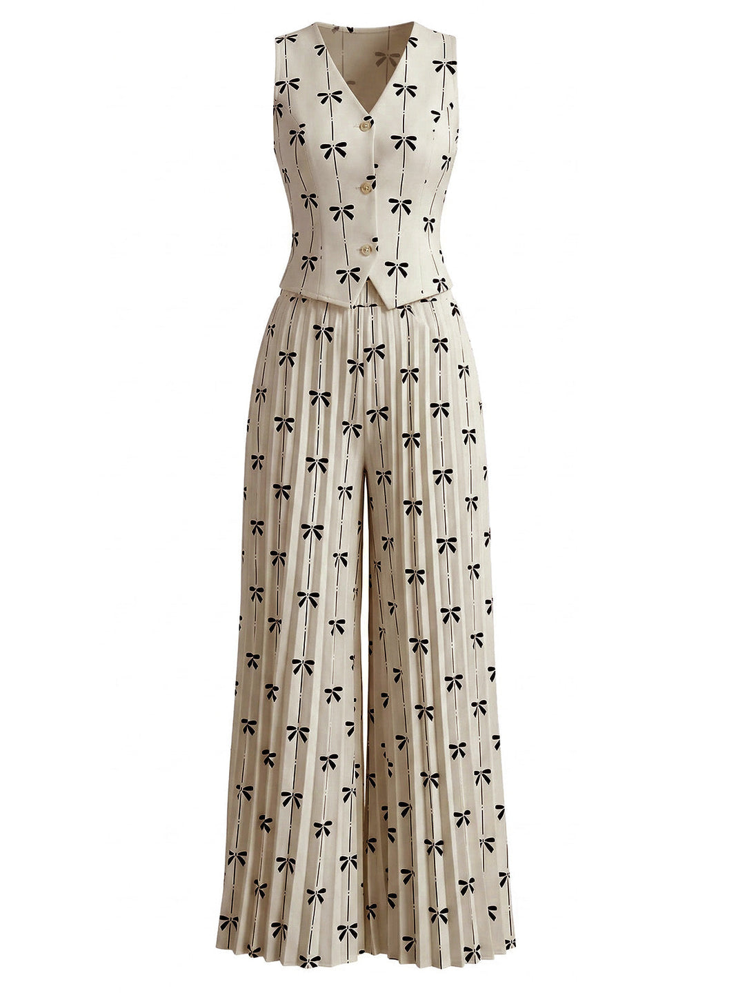 2PCS Beige 1940s Bow Sleeveless Vest &amp; Pleated Pants - vintage fashion, retro style for vintage lovers