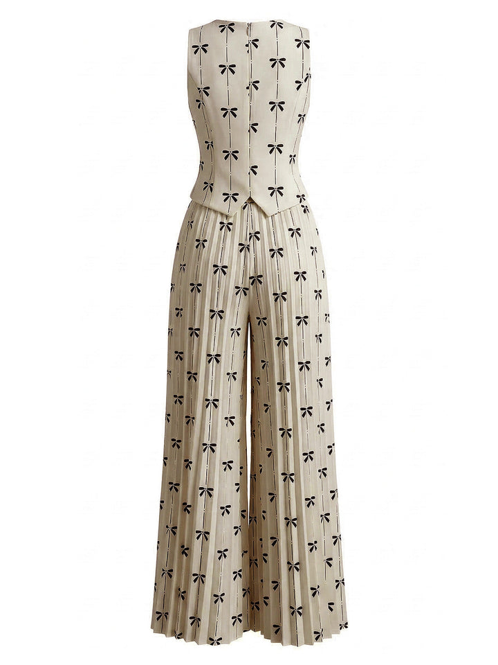 2PCS Beige 1940s Bow Sleeveless Vest &amp; Pleated Pants - vintage fashion, retro style for vintage lovers