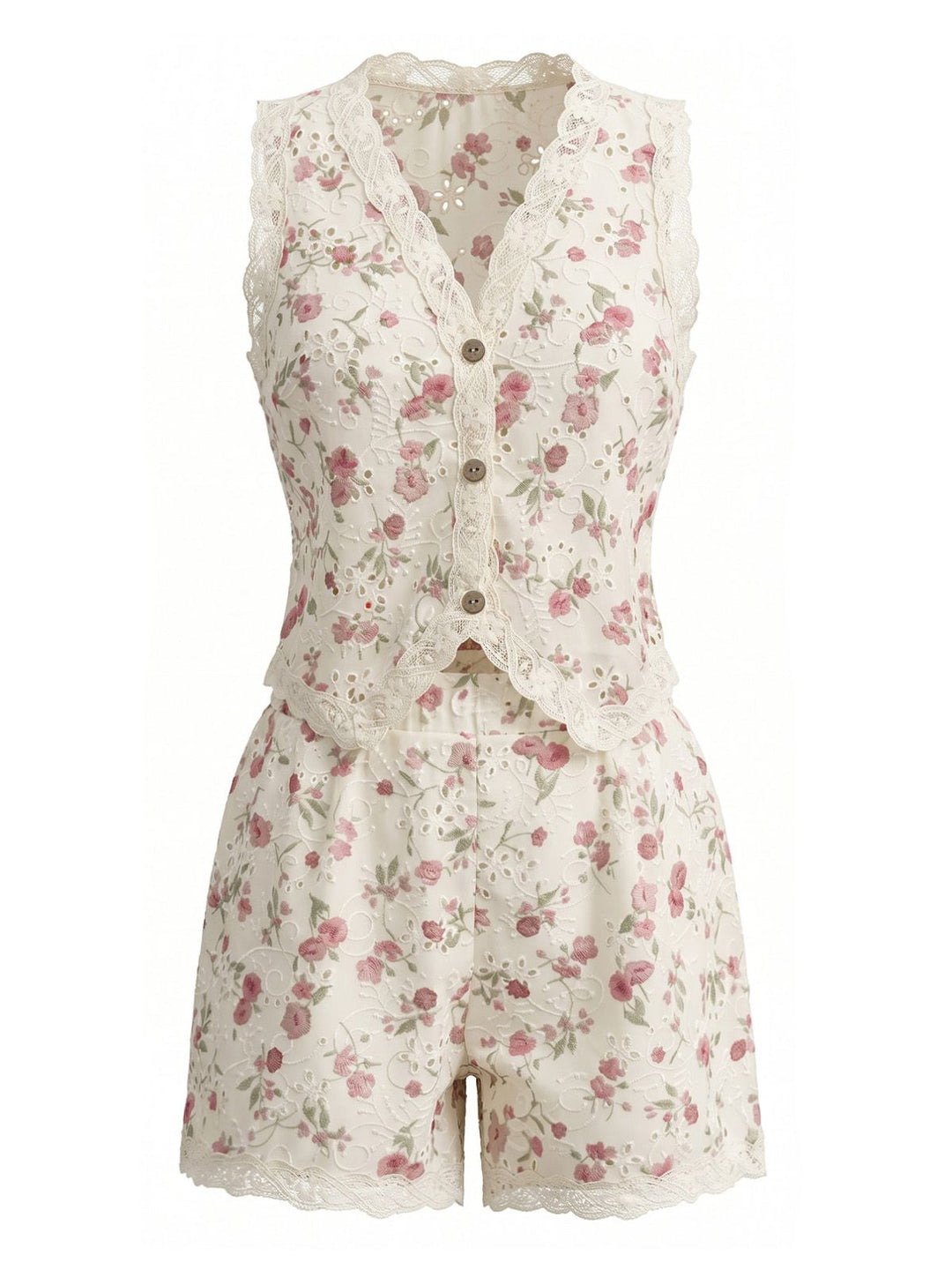 2PCS Beige 1940s Ditsy Floral Lace Patchwork Top &amp; Shorts, vintage top, retro blouse - perfect for women who love vintage and retro fashion