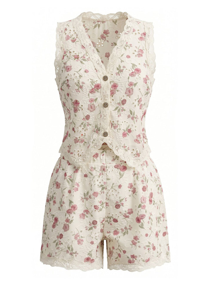 2PCS Beige 1940s Ditsy Floral Lace Patchwork Top &amp; Shorts, vintage top, retro blouse - perfect for women who love vintage and retro fashion