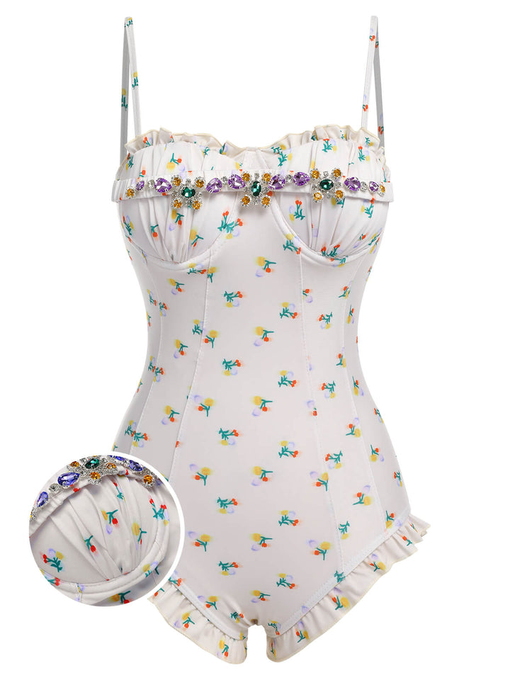 2PCS Beige 1950s Floral One-Piece Swimsuit &amp; Skirt: 1950s Riviera elegance, reimagined for her