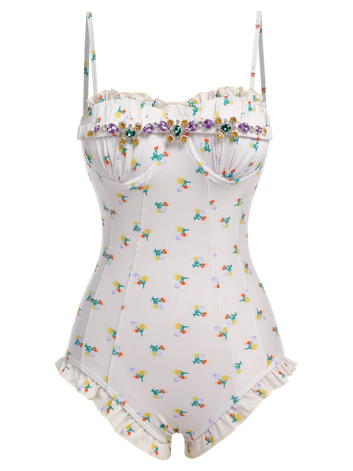 This 2PCS Beige 1950s Floral One-Piece Swimsuit &amp; Skirt carries 1950s vacation dreams in every stitch