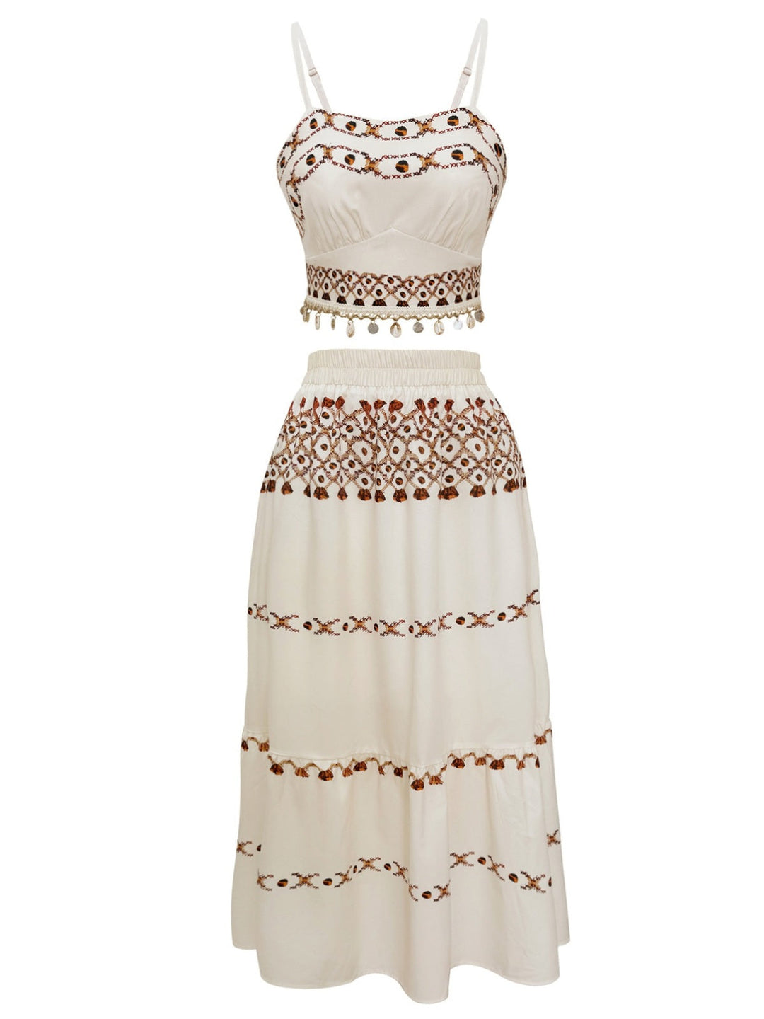 She pairs this 2PCS Beige 1970s Bohemian Fringe Strap Top &amp; Skirt with confidence and 1970s charm