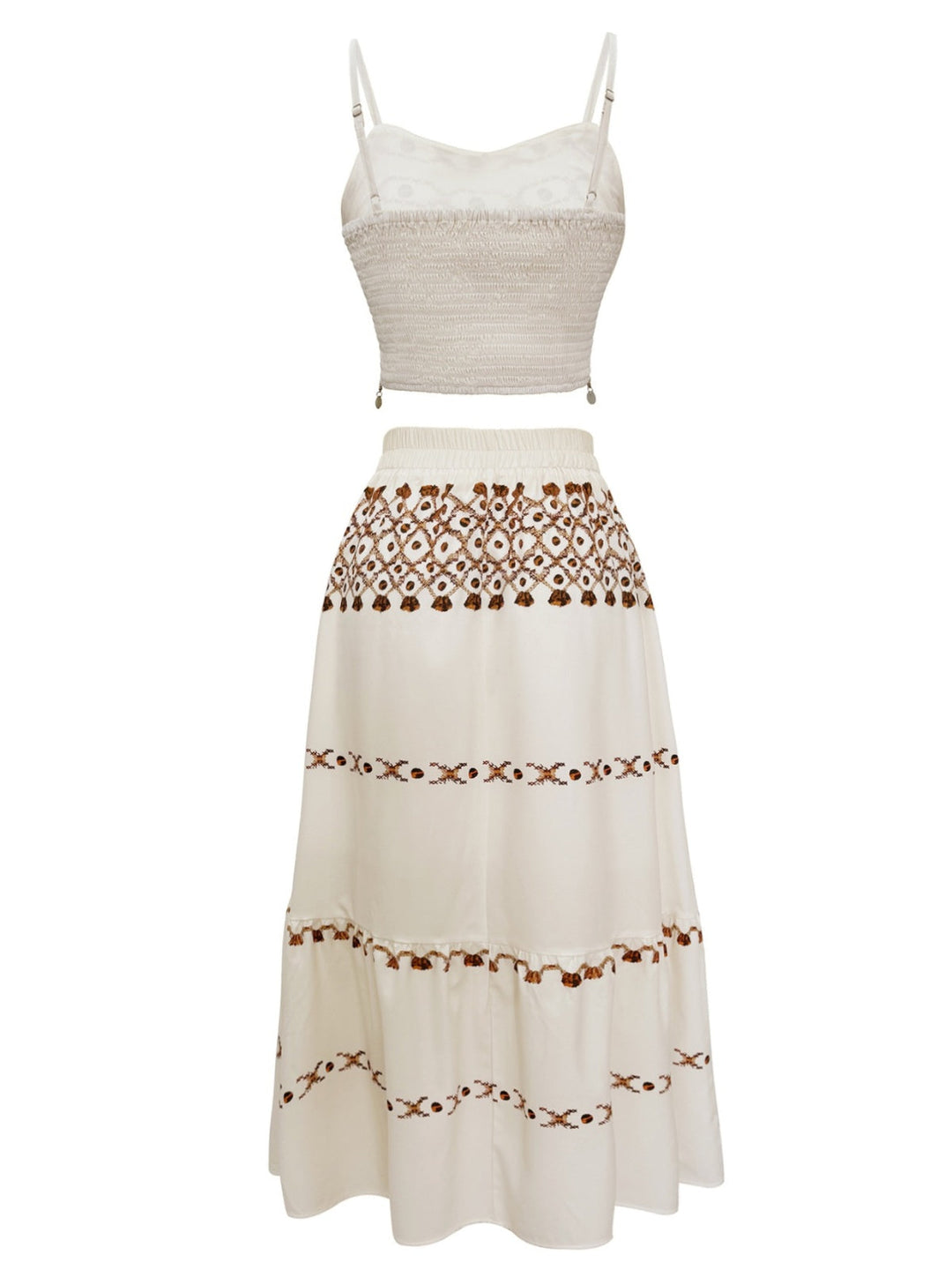 2PCS Beige 1970s Bohemian Fringe Strap Top &amp; Skirt: a 1970s classic that whispers rather than shouts