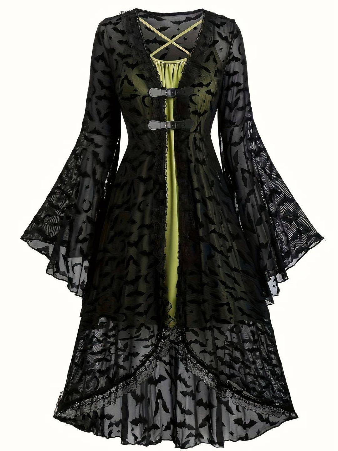 2PCS Black 1940s Bat Mesh Outwear &amp; Green Dress - vintage dress, retro fashion, classic black