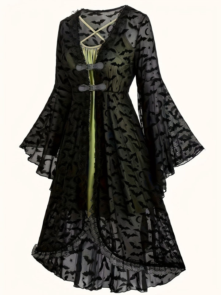 2PCS Black 1940s Bat Mesh Outwear &amp; Green Dress - vintage dress, retro fashion, classic black