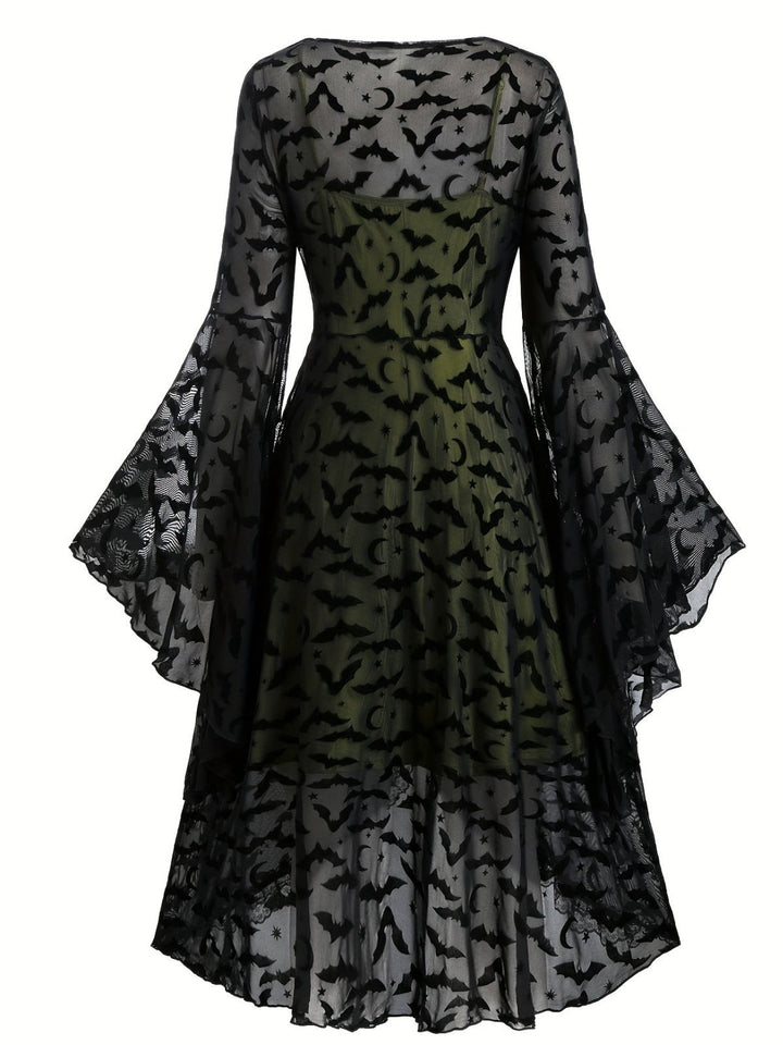 2PCS Black 1940s Bat Mesh Outwear &amp; Green Dress - vintage dress, retro fashion, classic black