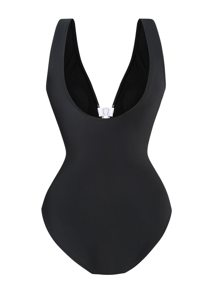 2PCS Black 1940s Bow One-Piece Swimsuit &amp; Swim Skirt: 1940s Riviera elegance, reimagined for her