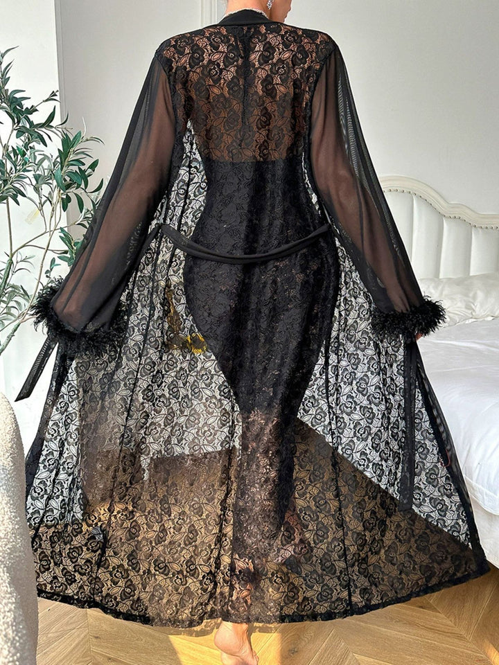 2PCS Black Lace Sheer Sleepwear Set - vintage nightgown, retro sleepwear, classic black