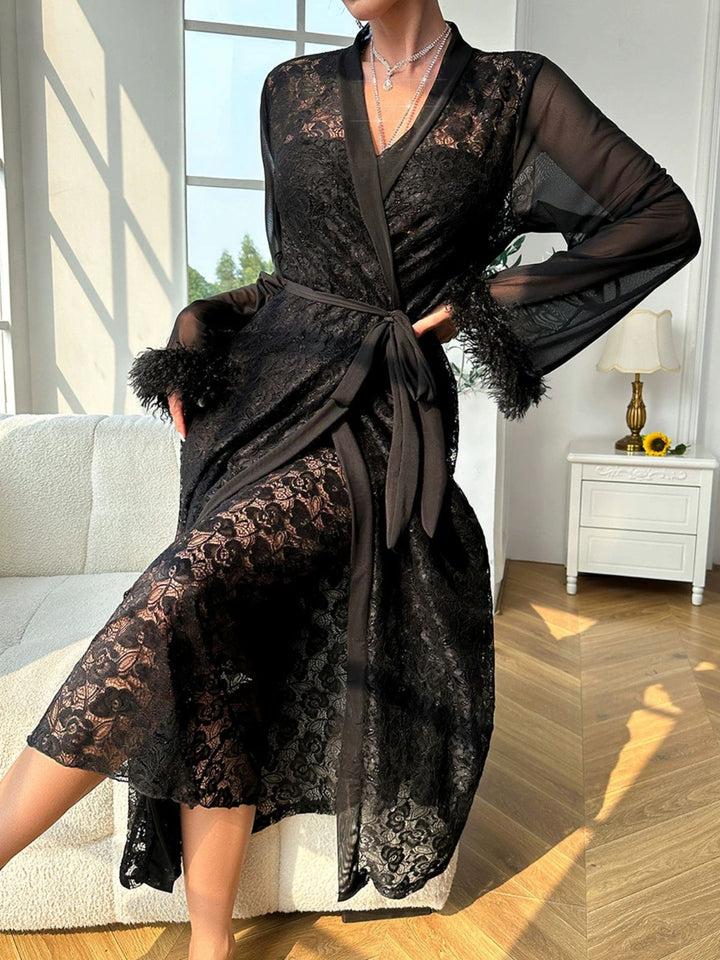 2PCS Black Lace Sheer Sleepwear Set - vintage nightgown, retro sleepwear, classic black