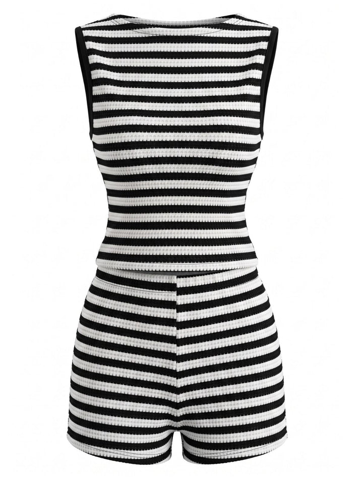 2PCS Black 1940s Striped Sleeveless Top &amp; Hight Waist Shorts, vintage top, retro blouse - perfect for women who love vintage and retro fashion