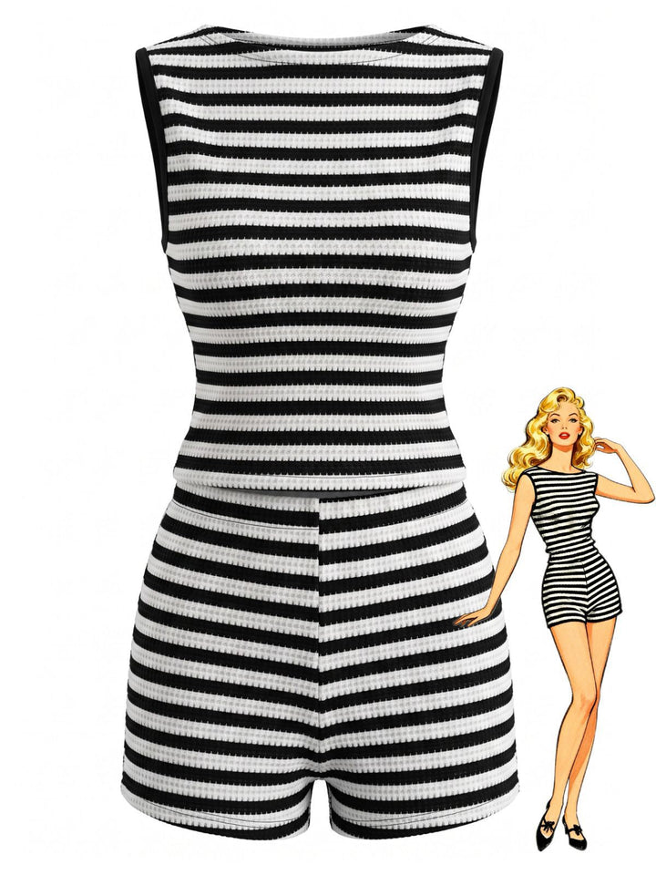2PCS Black 1940s Striped Sleeveless Top &amp; Hight Waist Shorts, vintage top, retro blouse - perfect for women who love vintage and retro fashion