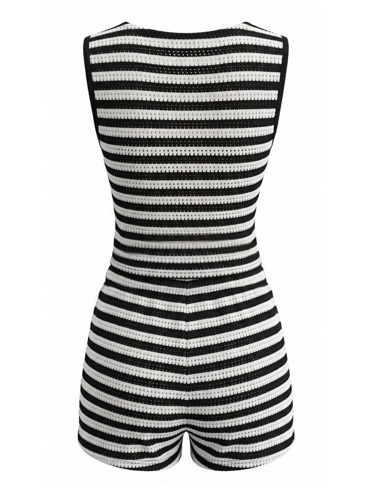 2PCS Black 1940s Striped Sleeveless Top &amp; Hight Waist Shorts, vintage top, retro blouse - perfect for women who love vintage and retro fashion