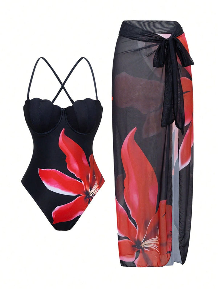 2PCS Black 1950s Floral Swimsuit &amp; Cover-Up - vintage swimsuit, pin-up style, classic black