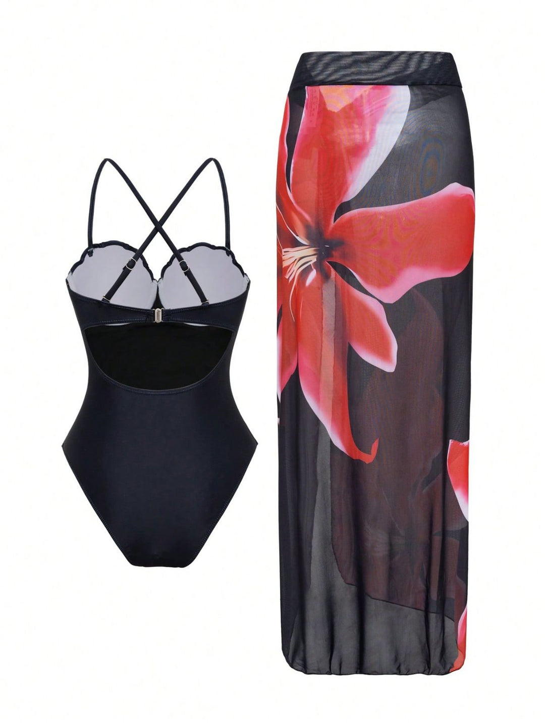 2PCS Black 1950s Floral Swimsuit &amp; Cover-Up - vintage swimsuit, pin-up style, classic black
