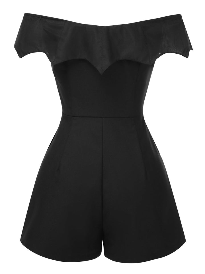 Black 1950s Gothic Bat Off-Shoulder Mesh Romper, vintage romper, retro jumpsuit - perfect for women who love vintage and retro fashion