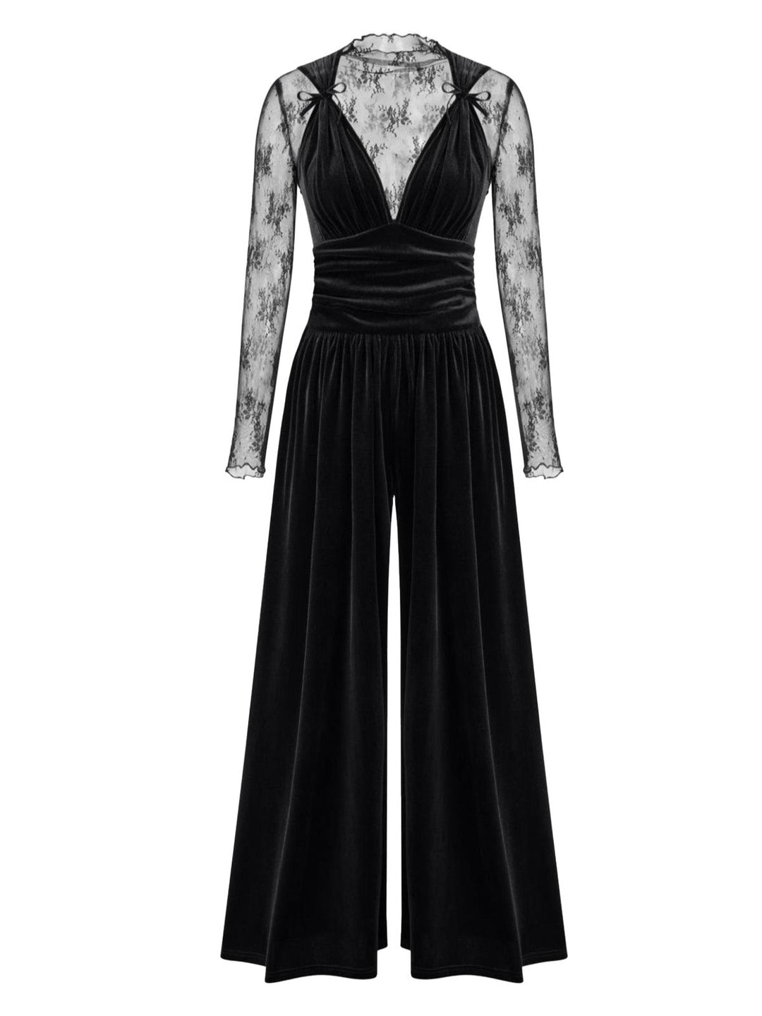 2PCS Black 1950s Mesh Top &amp; Velvet Jumpsuit - vintage jumpsuit, retro fashion, classic black