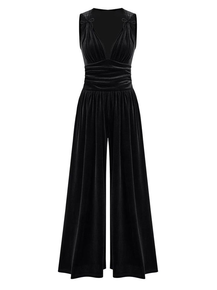 2PCS Black 1950s Mesh Top &amp; Velvet Jumpsuit - vintage jumpsuit, retro fashion, classic black