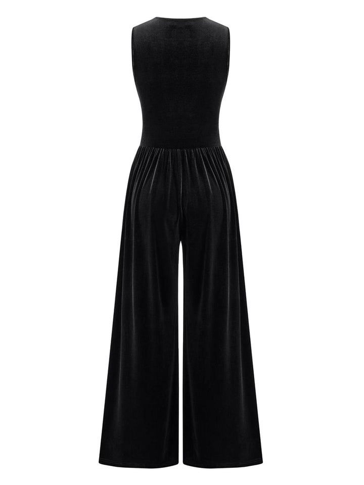 2PCS Black 1950s Mesh Top &amp; Velvet Jumpsuit - vintage jumpsuit, retro fashion, classic black