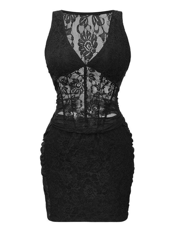 2PCS Black 1960s Lace Floral Sheer Top &amp; Skirt - vintage skirt, retro style, classic black