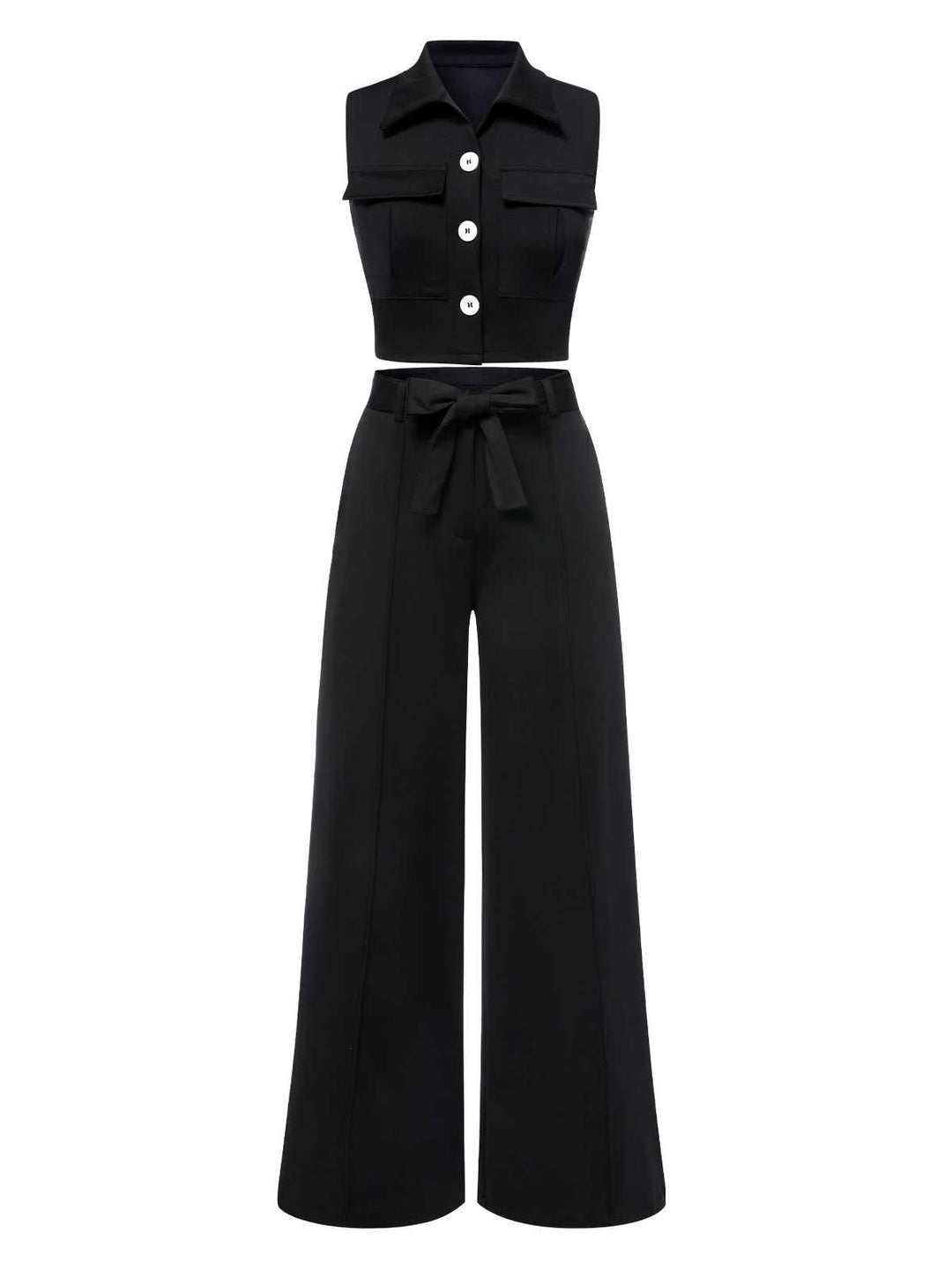 She walks in these 2PCS Black 1960s Lapel Sleeveless Vest &amp; Pants and the world follows