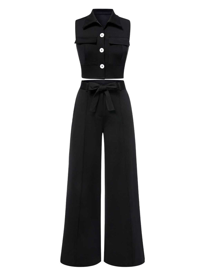 She walks in these 2PCS Black 1960s Lapel Sleeveless Vest &amp; Pants and the world follows