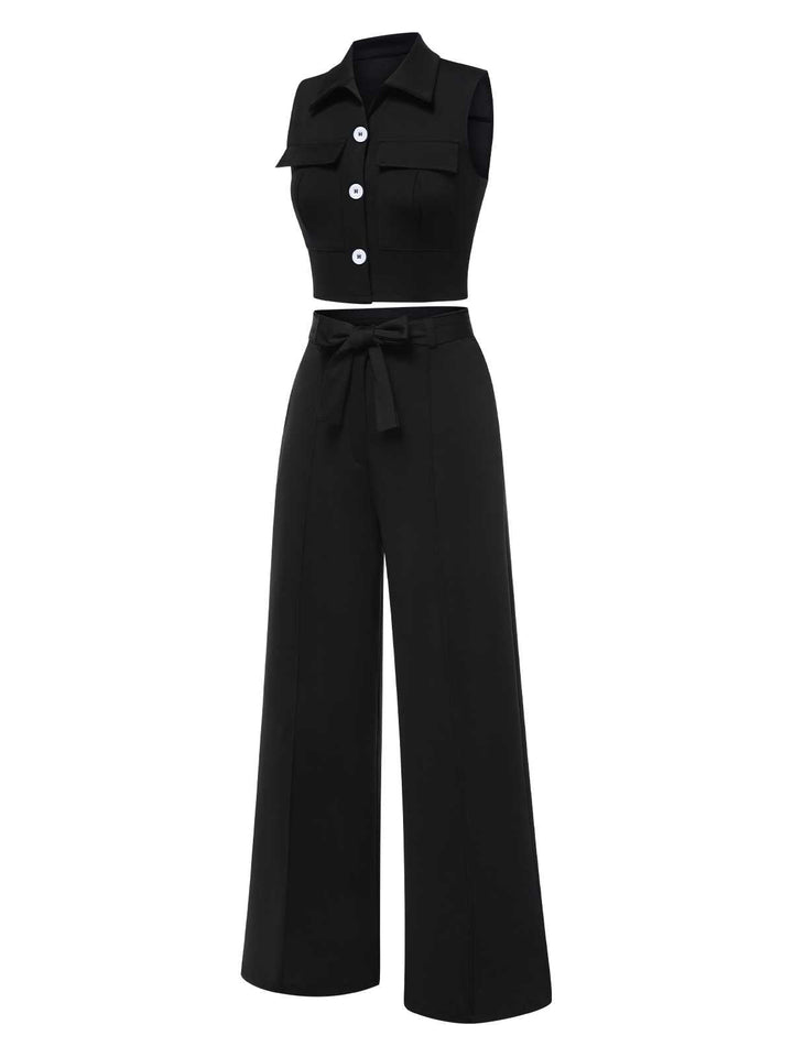 2PCS Black 1960s Lapel Sleeveless Vest &amp; Pants: 1960s power dressing, reimagined