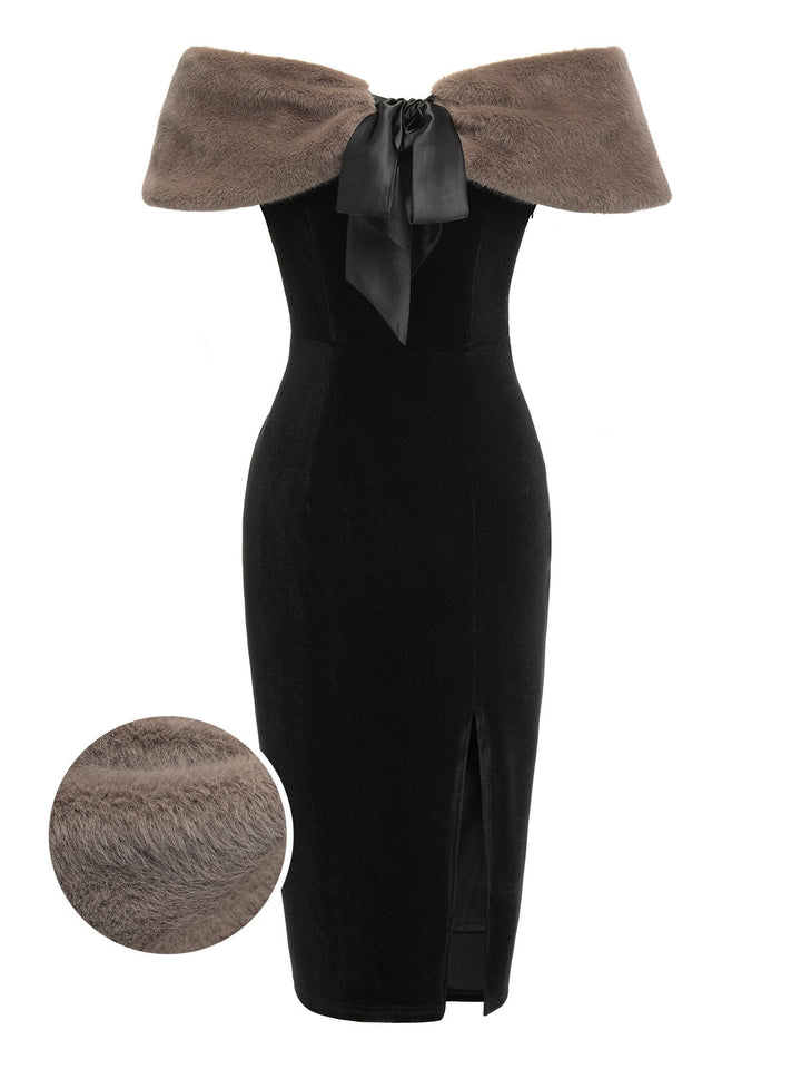 2PCS Black 1960s Solid Dress &amp; Plush Cape, vintage dress, retro fashion - perfect for women who love vintage and retro fashion