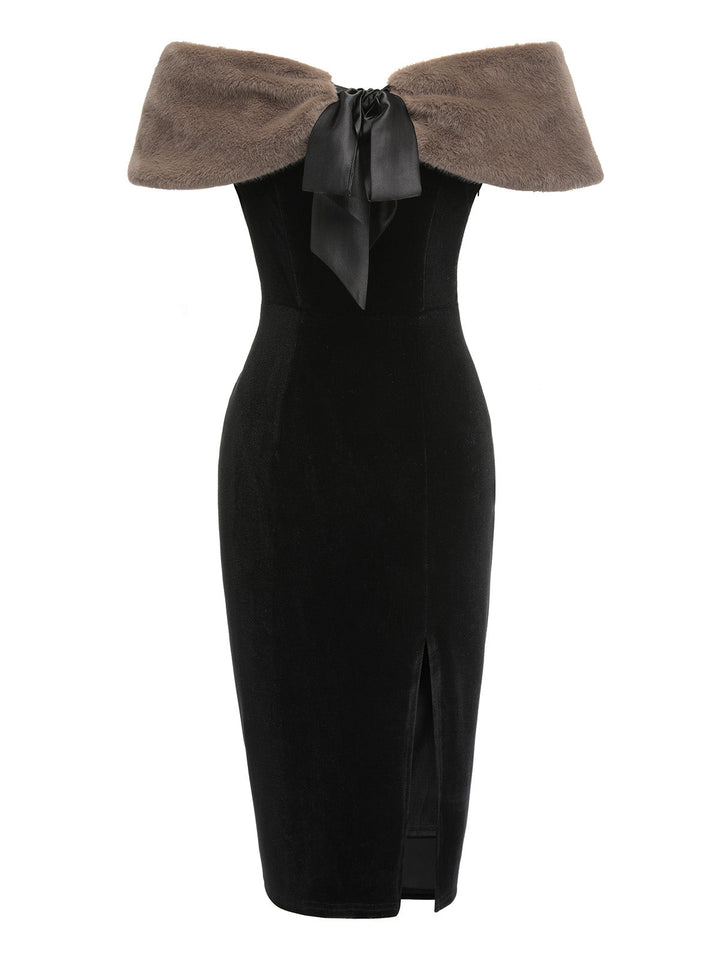 2PCS Black 1960s Solid Dress &amp; Plush Cape, vintage dress, retro fashion - perfect for women who love vintage and retro fashion