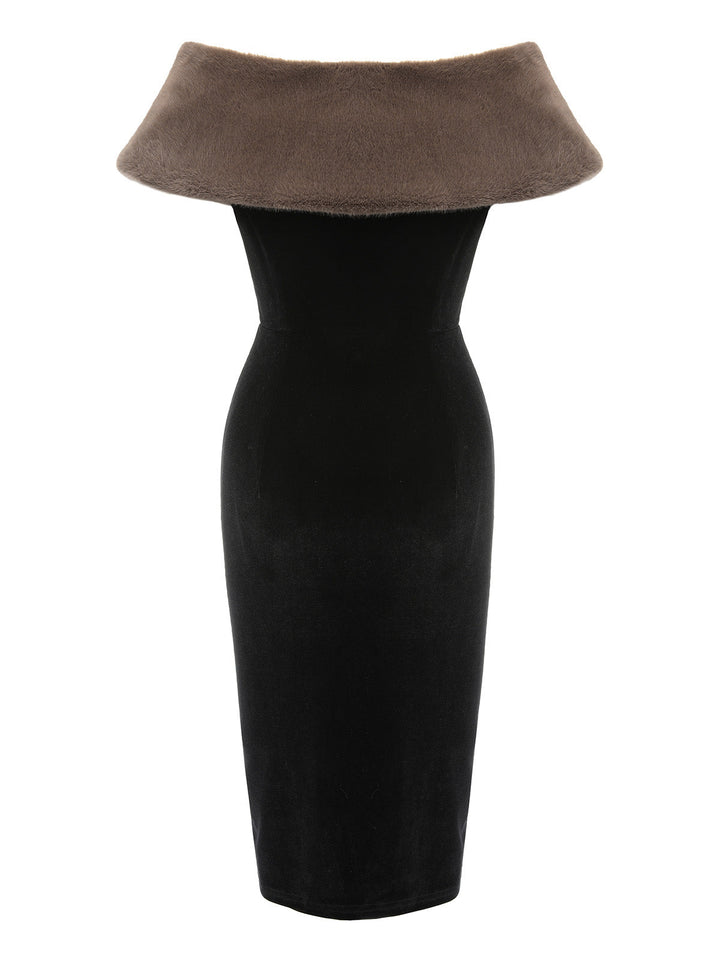2PCS Black 1960s Solid Dress &amp; Plush Cape, vintage dress, retro fashion - perfect for women who love vintage and retro fashion