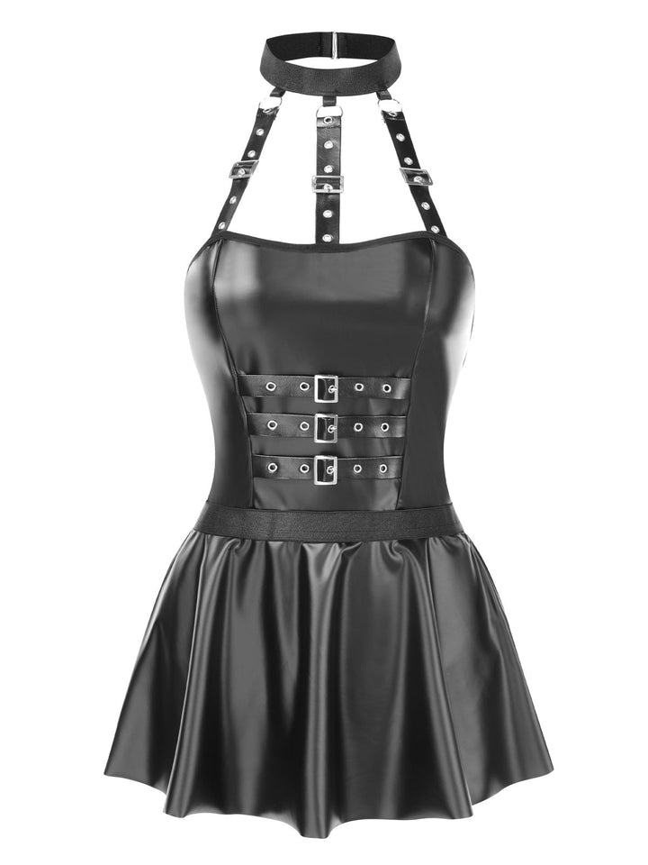 She pairs this 2PCS Black 1980s Gothic PU Leather Halter Top &amp; Skirt with confidence and 1980s charm