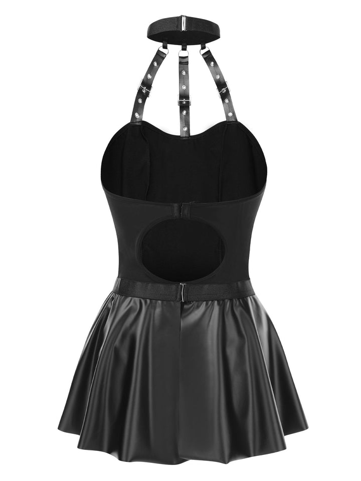 2PCS Black 1980s Gothic PU Leather Halter Top &amp; Skirt: a 1980s classic that whispers rather than shouts