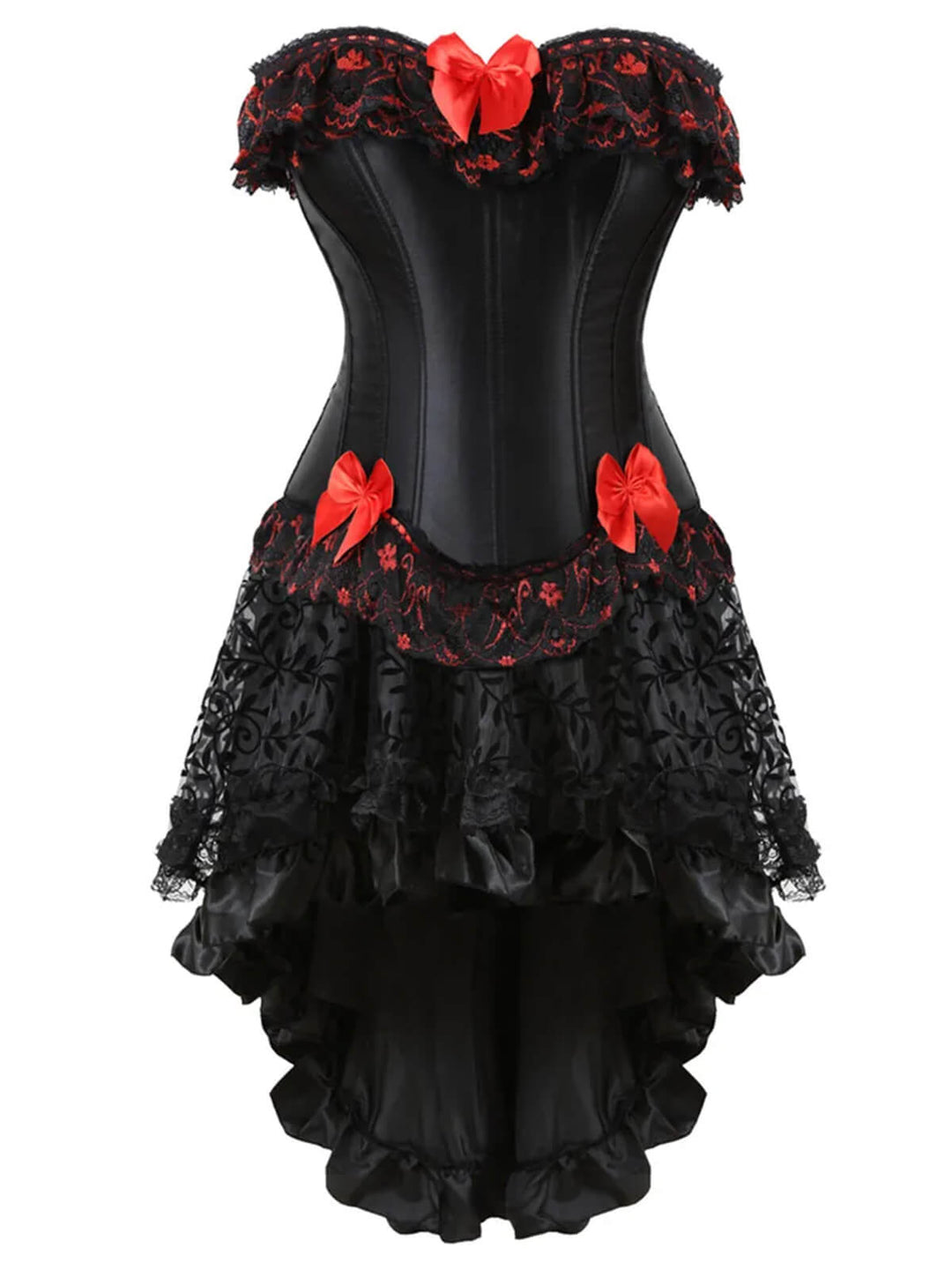 She sways in this 2PCS Black &amp; Red 1970s Steampunk Bow Corset &amp; Skirt and it&