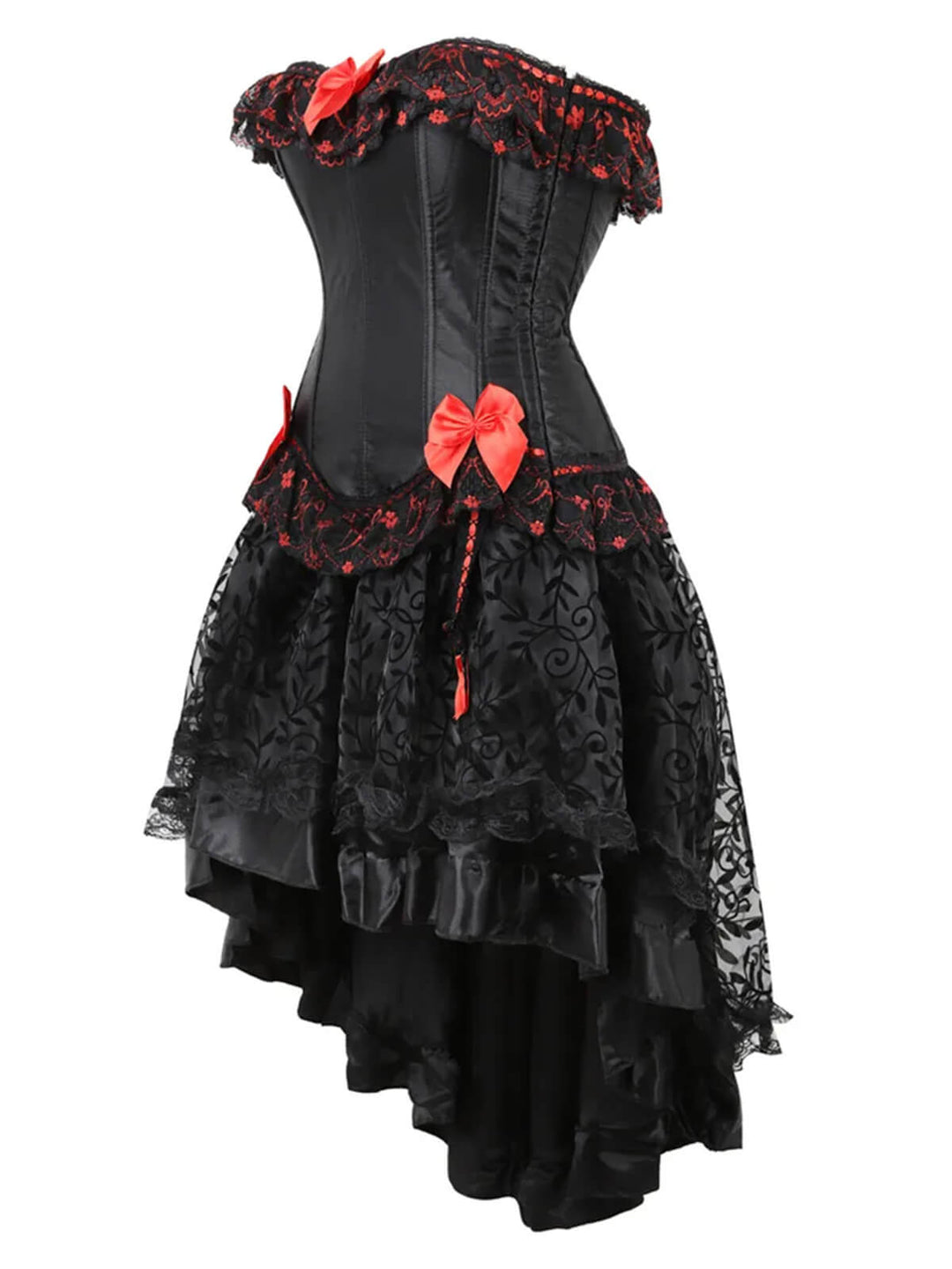 2PCS Black &amp; Red 1970s Steampunk Bow Corset &amp; Skirt: 1970s grace for the woman who dances through life