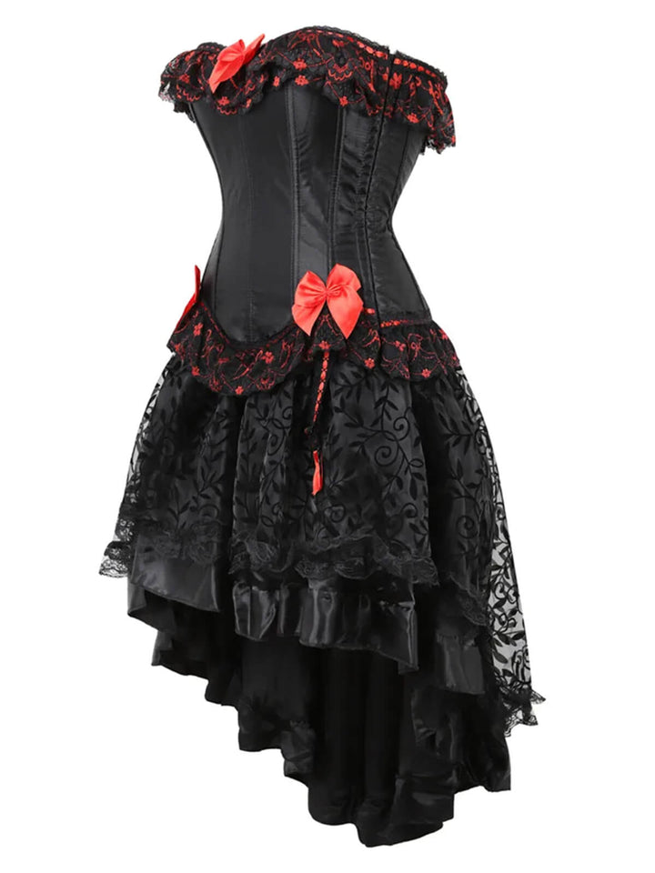 2PCS Black &amp; Red 1970s Steampunk Bow Corset &amp; Skirt: 1970s grace for the woman who dances through life