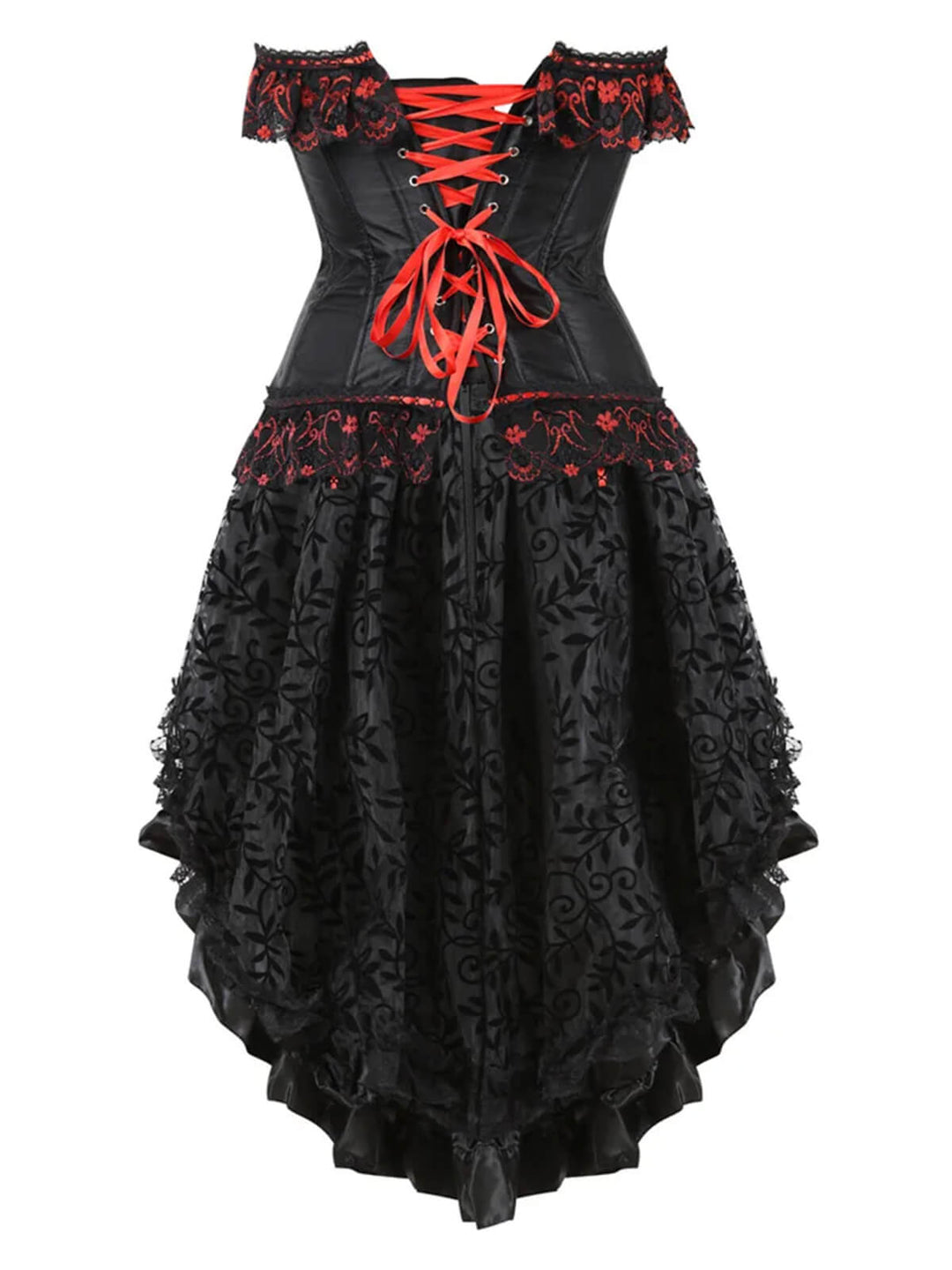 This 2PCS Black &amp; Red 1970s Steampunk Bow Corset &amp; Skirt spins 1970s stories with every step
