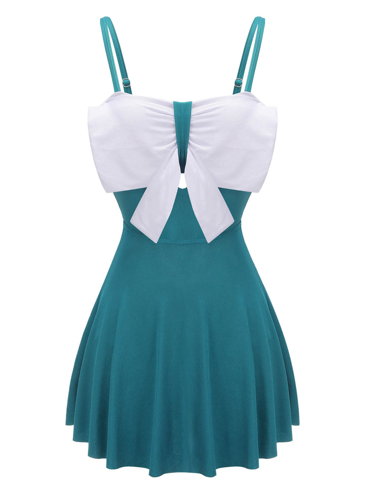 2PCS Blue 1930s Bow Strap Swimsuit &amp; Skirt, vintage skirt, retro style - perfect for women who love vintage and retro fashion